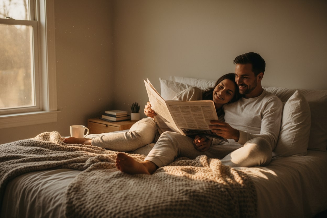Couple laying on a bed reading the newspaper
