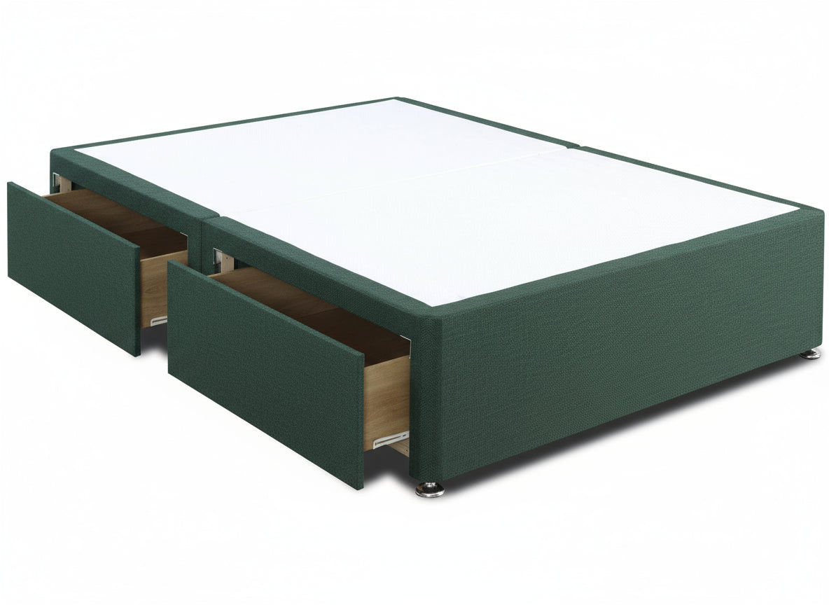 Gray upholstered bed frame with two open drawers on a white background