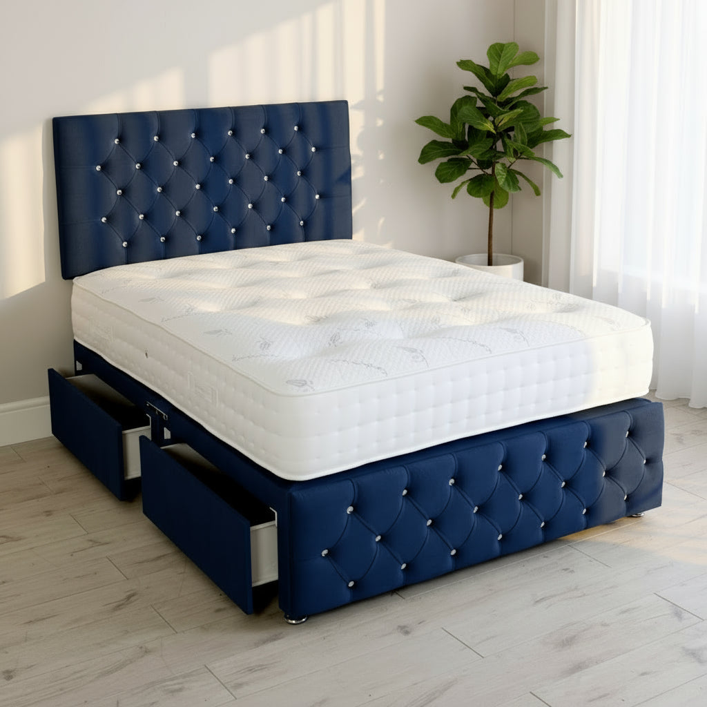 Teal bed frame with white mattress in a room setting