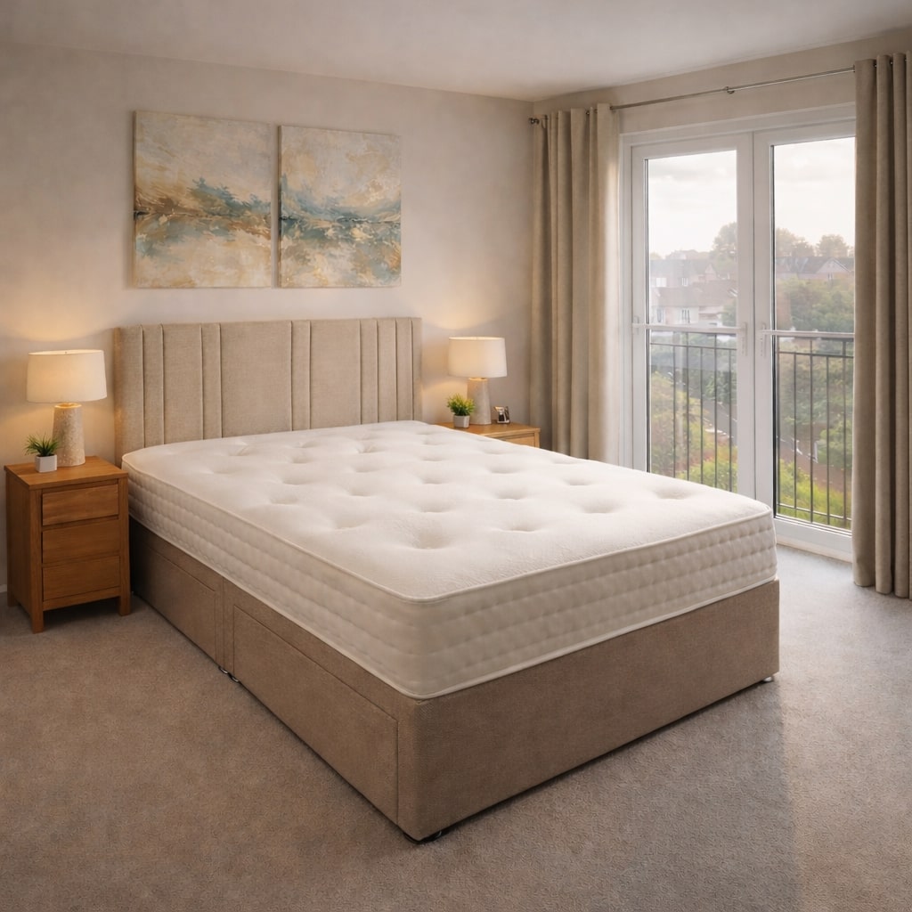 Beige bed with tufted mattress in a bedroom setting with lamps and artwork.