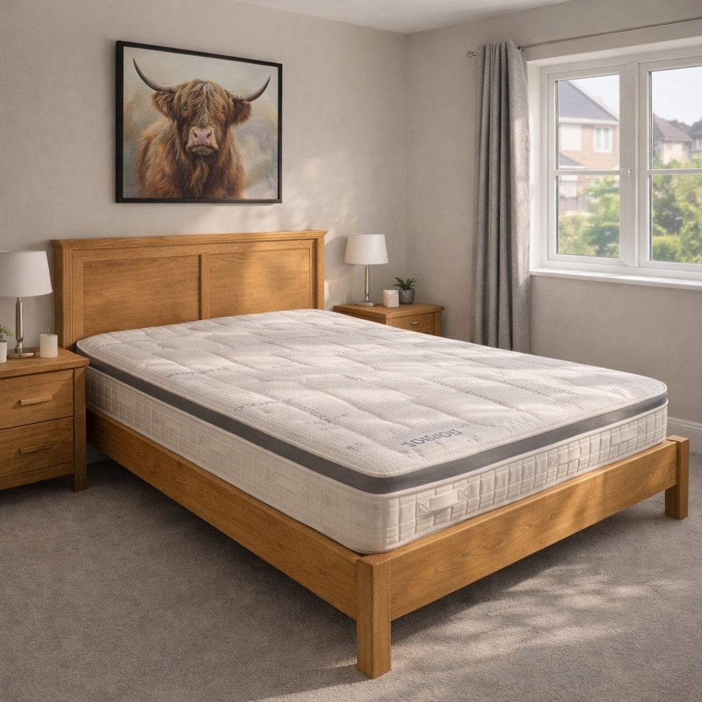 Bedroom with wooden bed frame and mattress, framed picture of a highland cow on the wall.