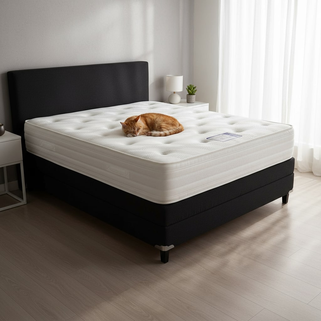 Mattress with a ginger cat sleeping on it