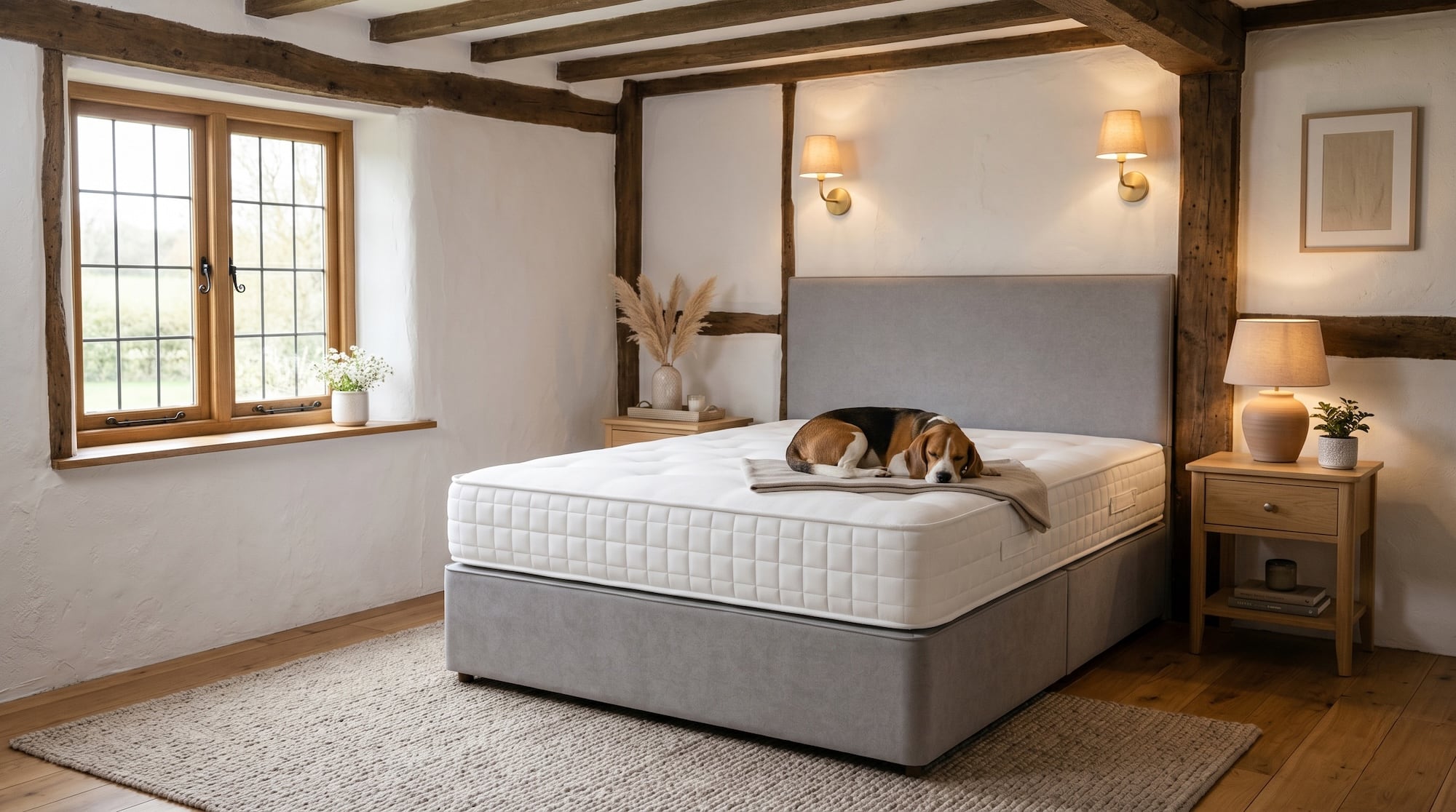Brand new mattress with a sleeping dog in a cottage