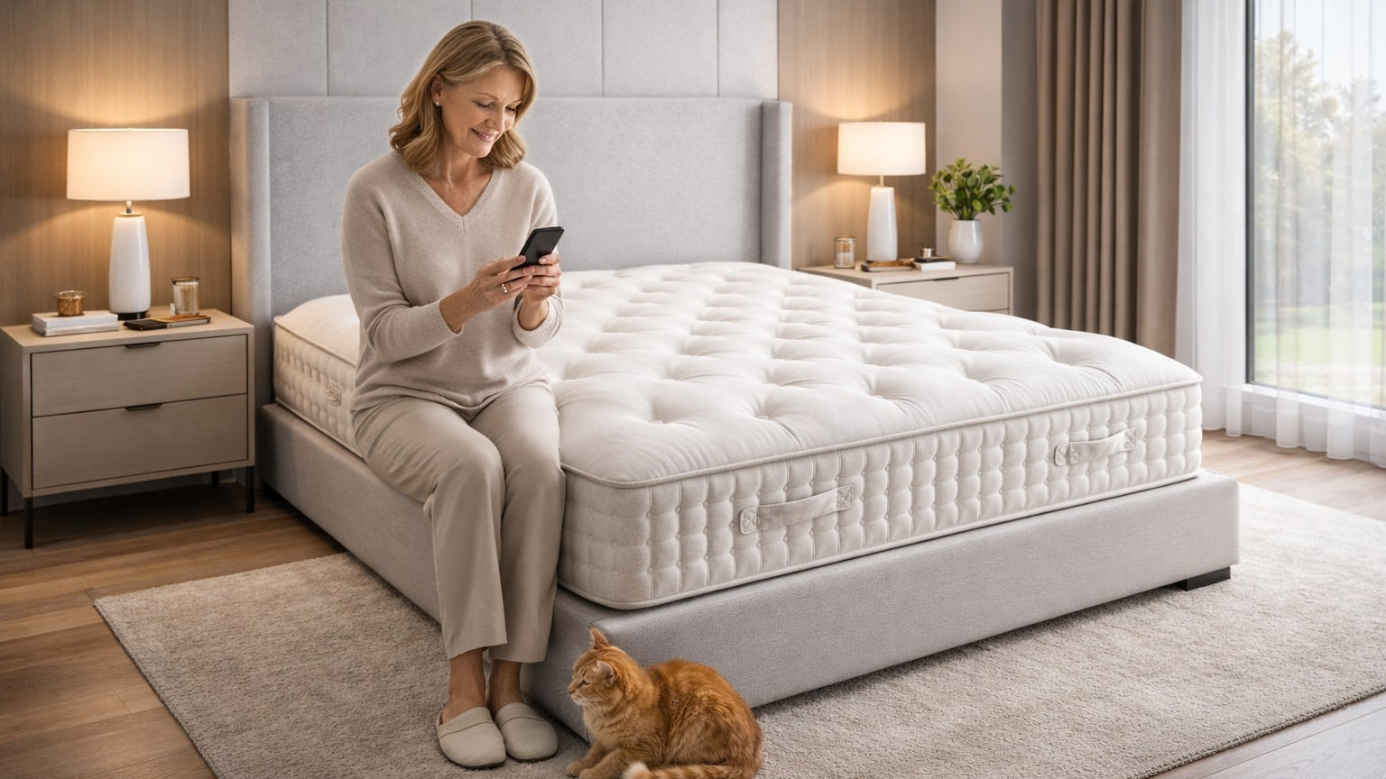 Woman using a smartphone next to a large mattress in a bedroom with a cat nearby.