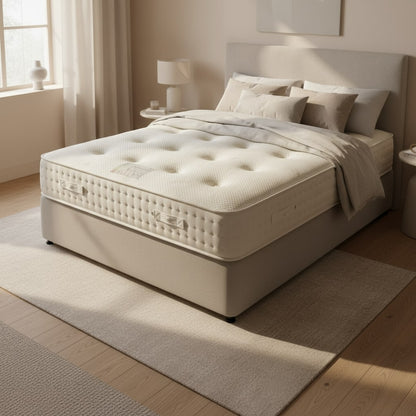 Beige mattress on a bed in a bedroom setting with light wood flooring and neutral walls.