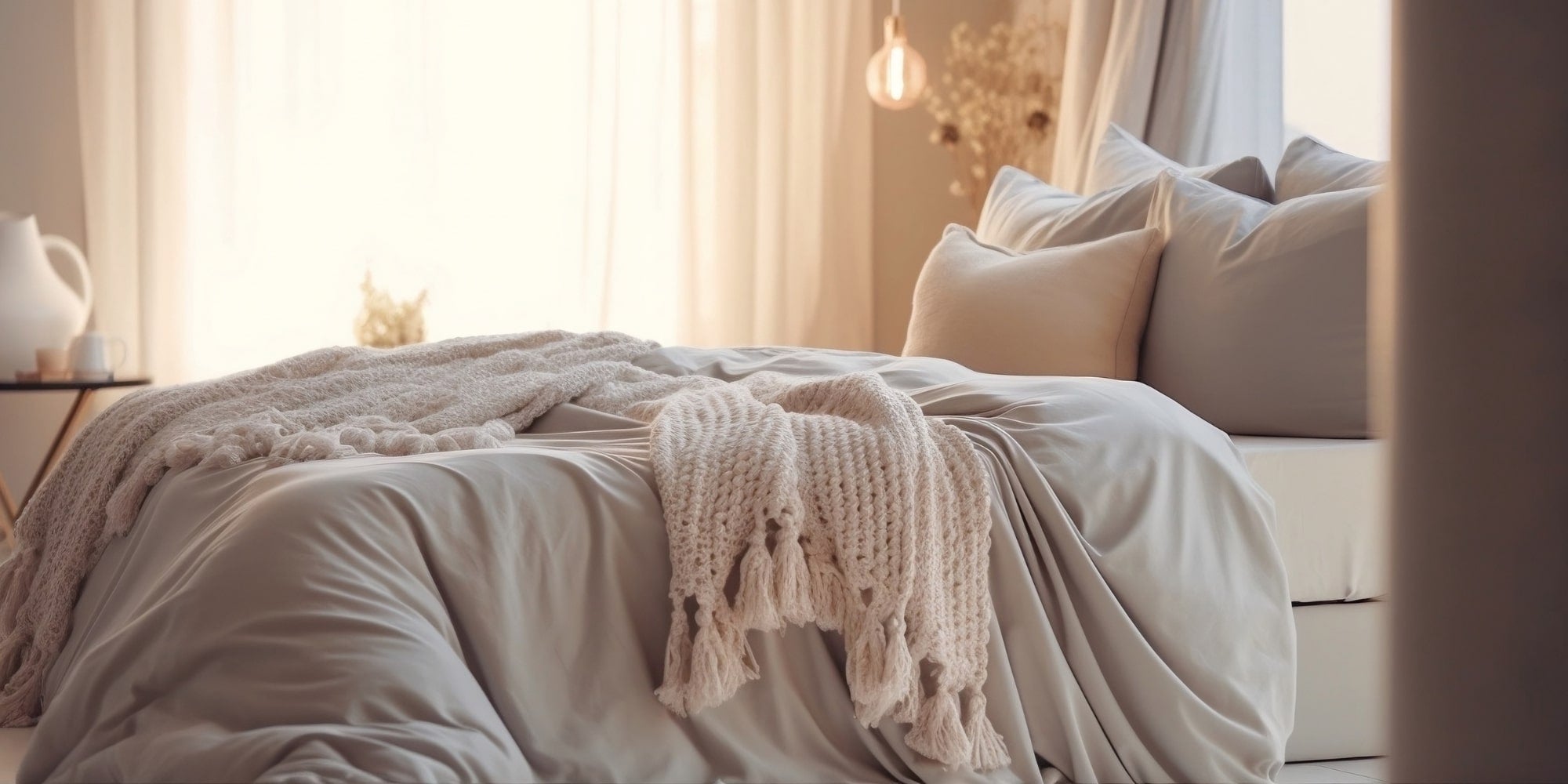 Neatly made bed with beige bedding and a blanket in a softly lit bedroom.