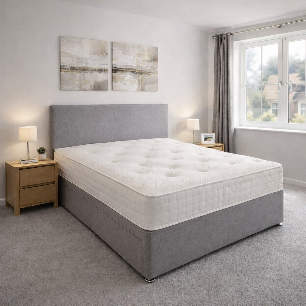 Gray upholstered bed with white mattress in a bedroom setting.
