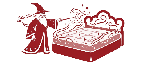 Illustration of a wizard reaching towards a magical bed with stars on a white background